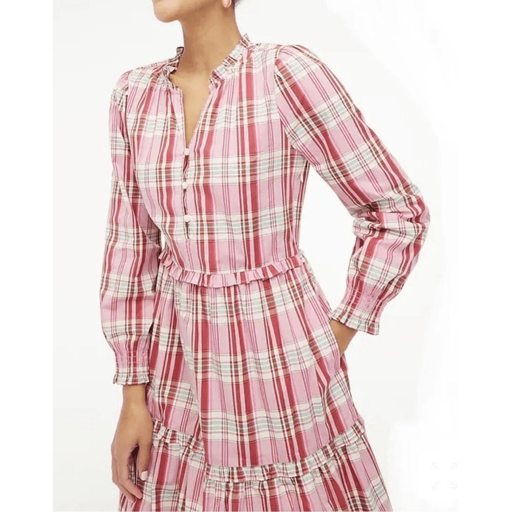 J Crew Dress Womens 12 Pink Plaid Tiered Ruffle Mini  Sweet Briar Marine Preppy